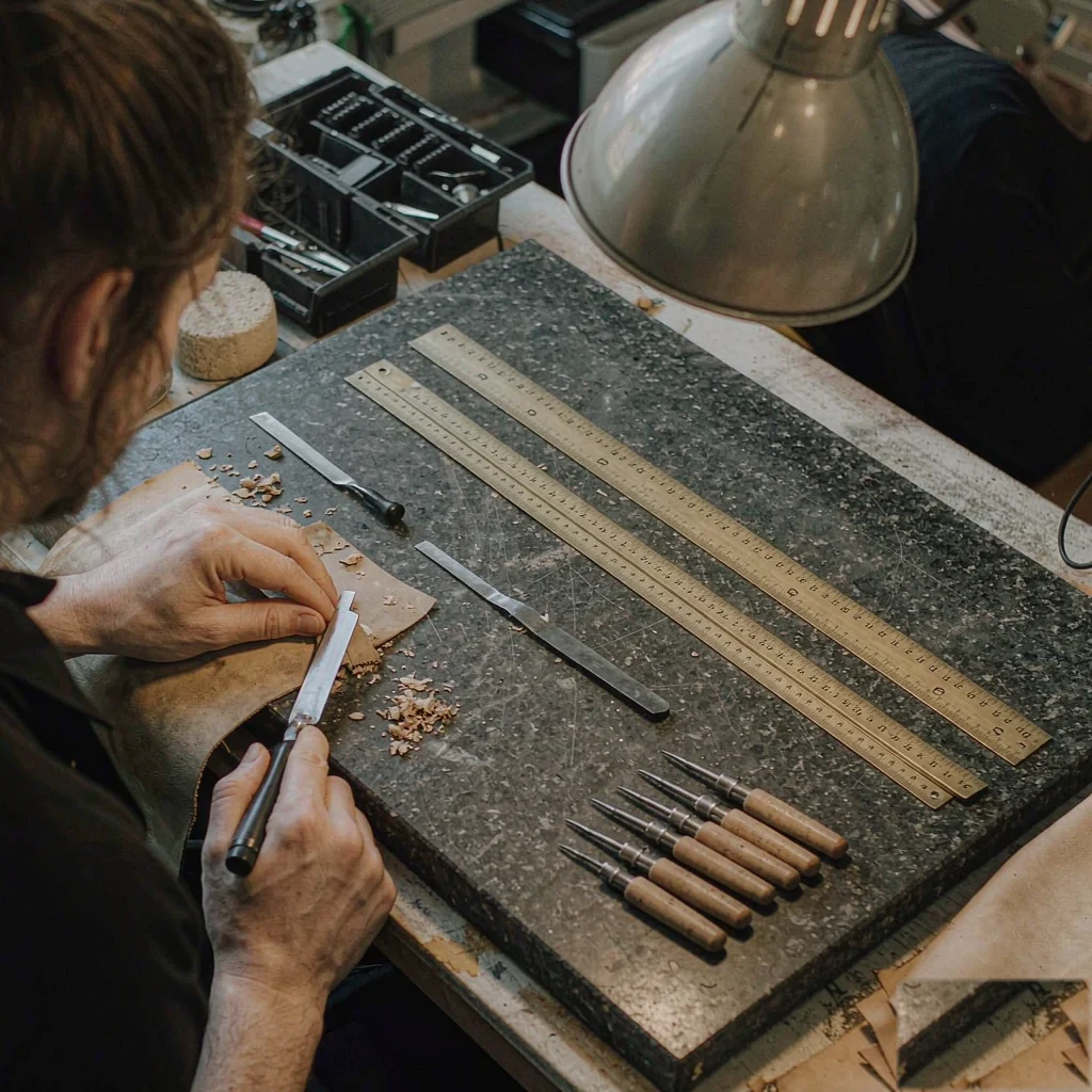 hands skiving leather with a knife beside brass rules and pricking irons on a granite slab