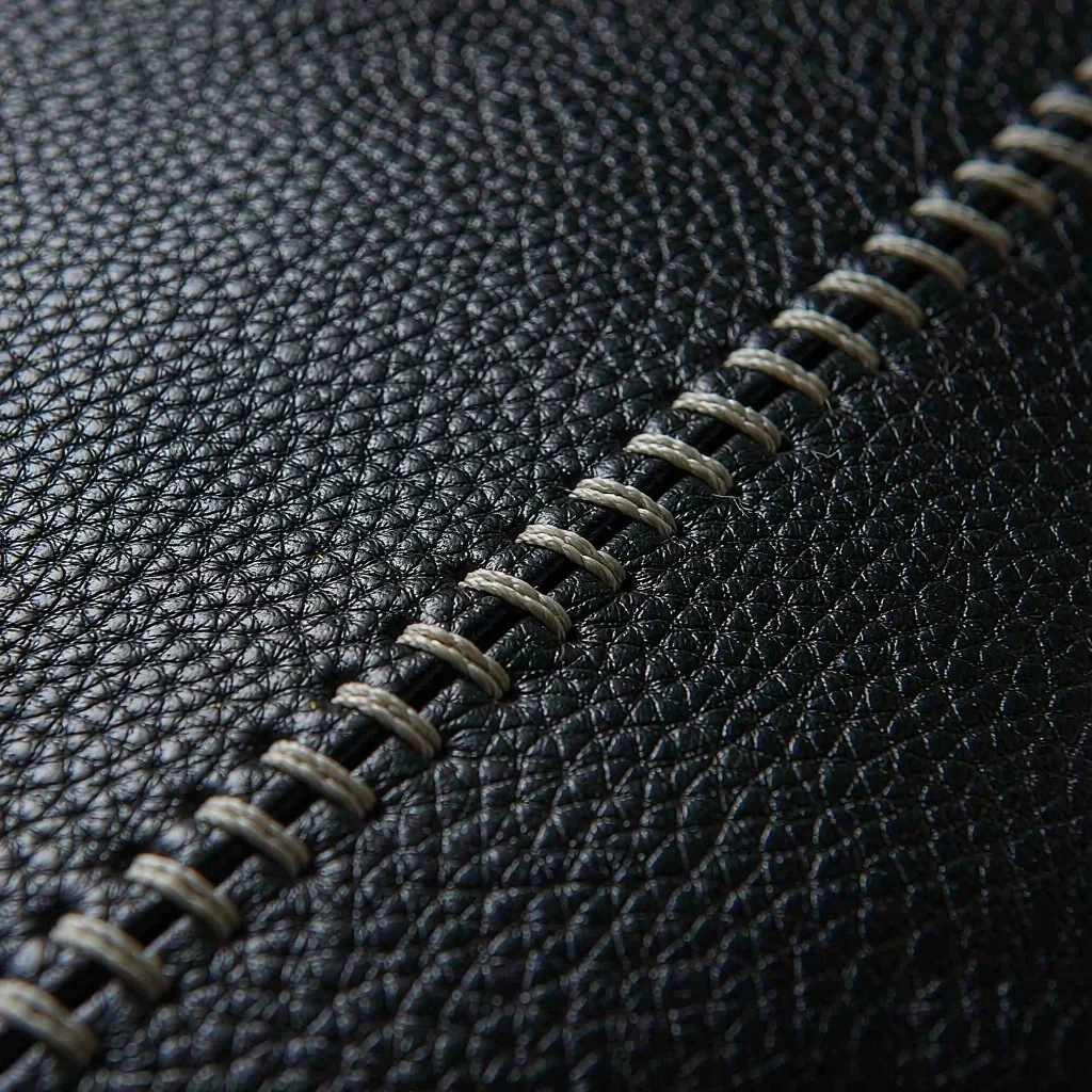 macro of a hand-worked saddle seam, ecru thread running across black pebbled calfskin