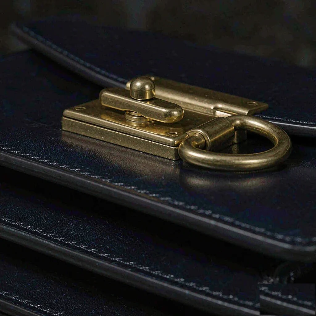 brass turn-lock and D-ring resting on a folded navy calfskin panel