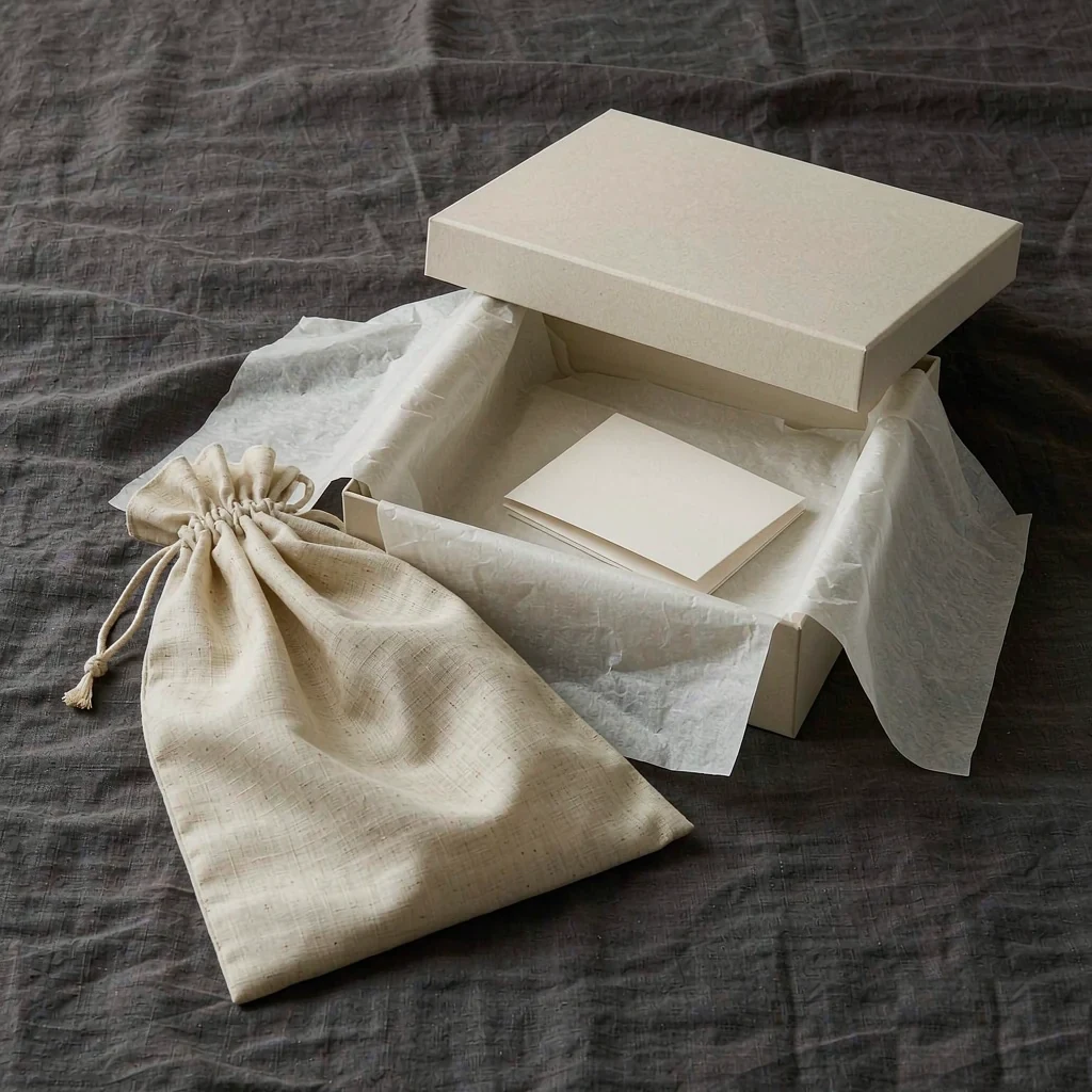 cotton dust bag, rigid lidded gift box, folded tissue and a blank care card laid out on linen
