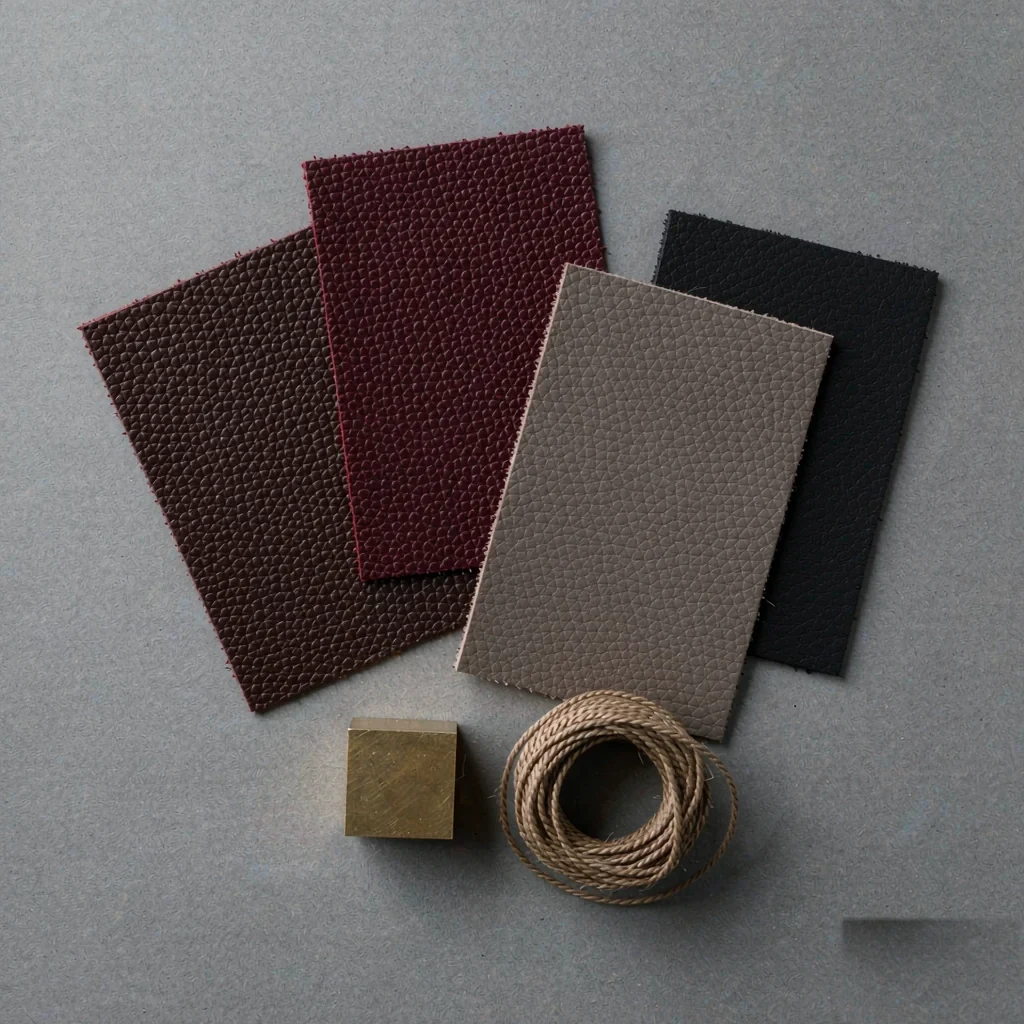 four calfskin swatches beside an edge-paint block and a spool of waxed thread on a grey worktop