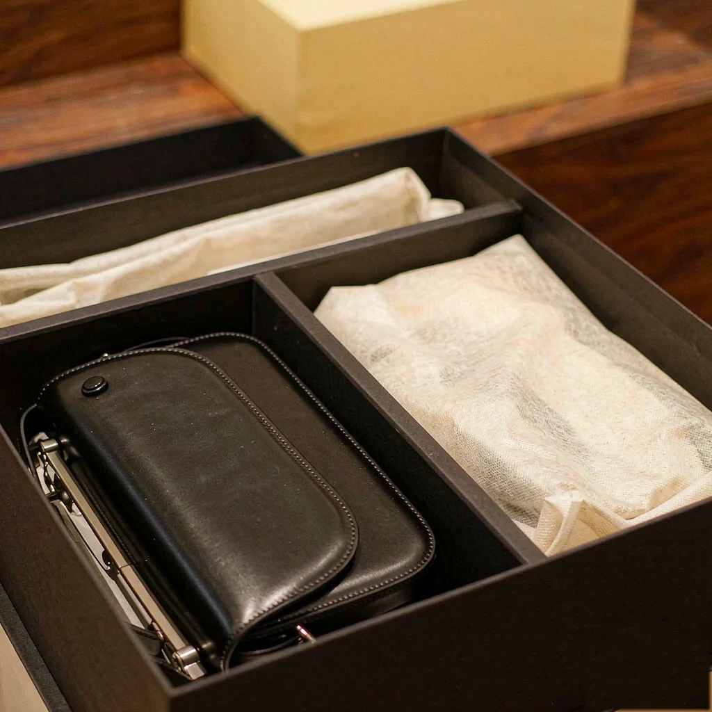 finished bag being lowered into a dust bag inside an open rigid box