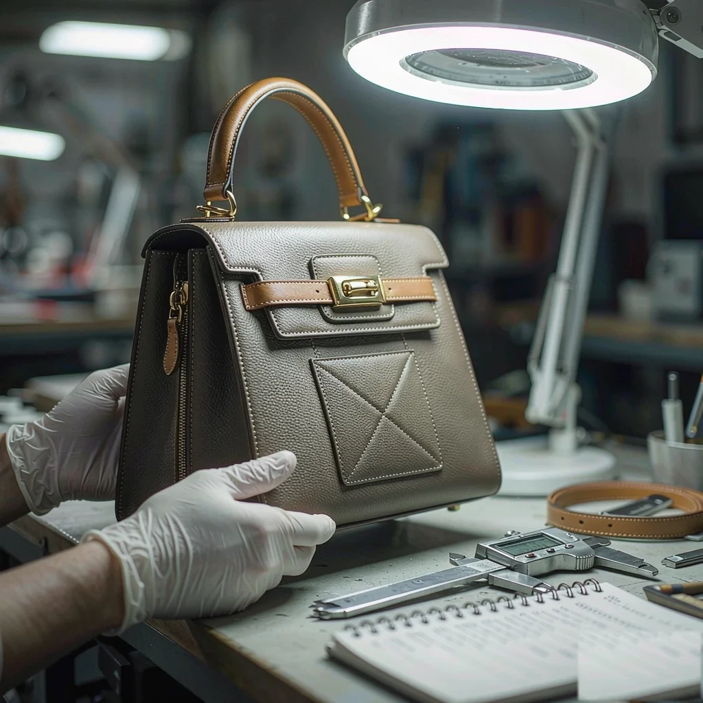 gloved hands inspecting a taupe leather handbag under a bright lamp, holding a caliper to a panel edge