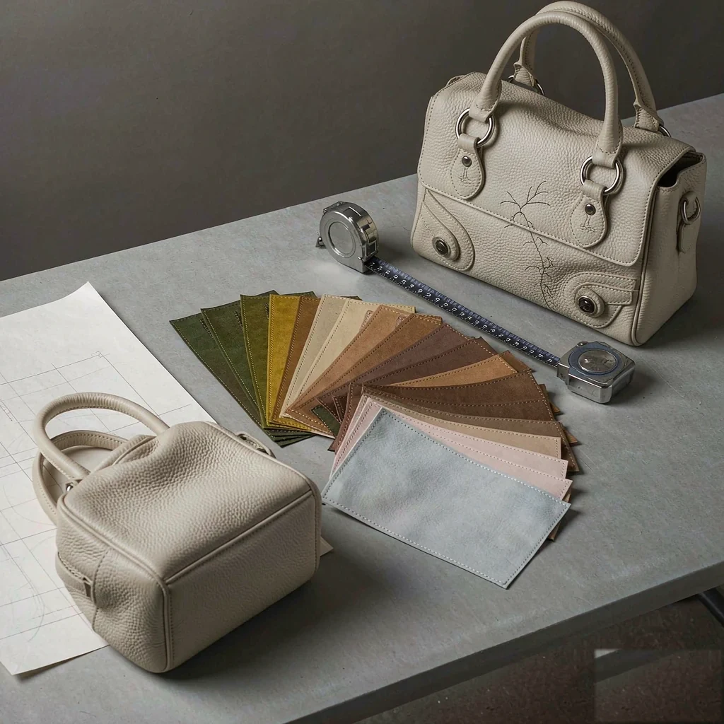 three handbag prototypes at different stages beside a leather swatch fan and a tape measure