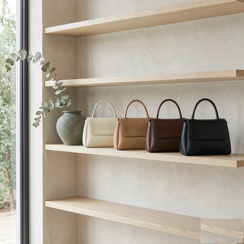 four finished handbags standing in a row on oak shelving in a quiet showroom
