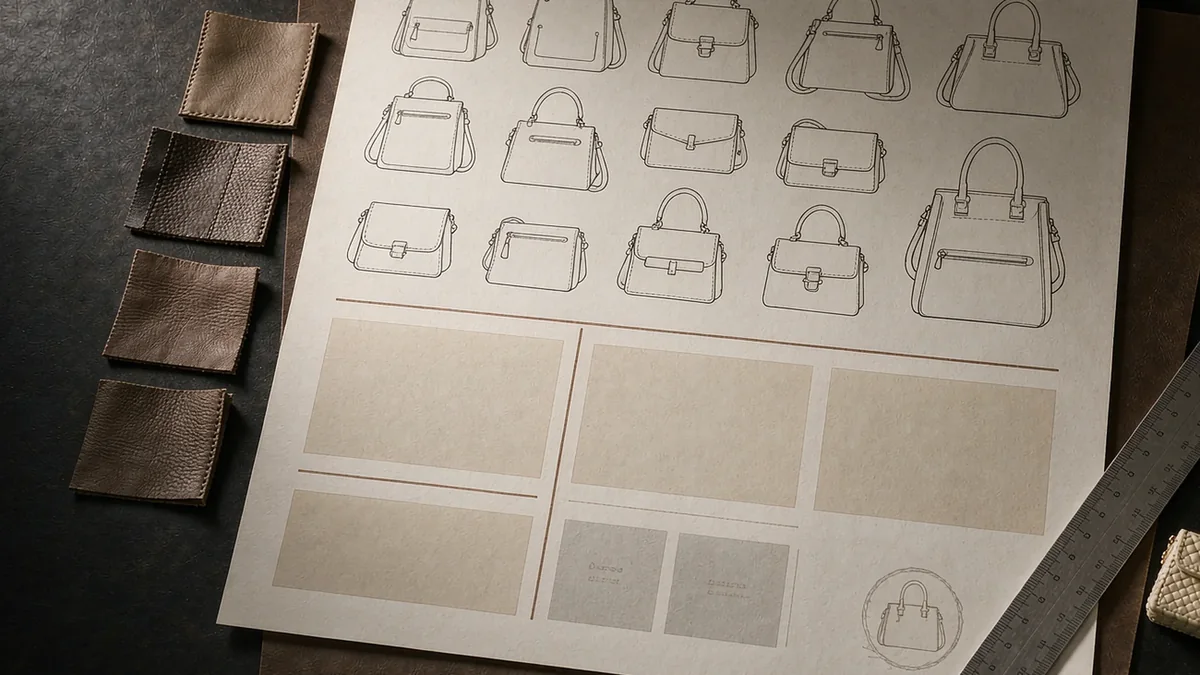 technical sketches of bag shapes pinned to a pattern board beside cutting templates