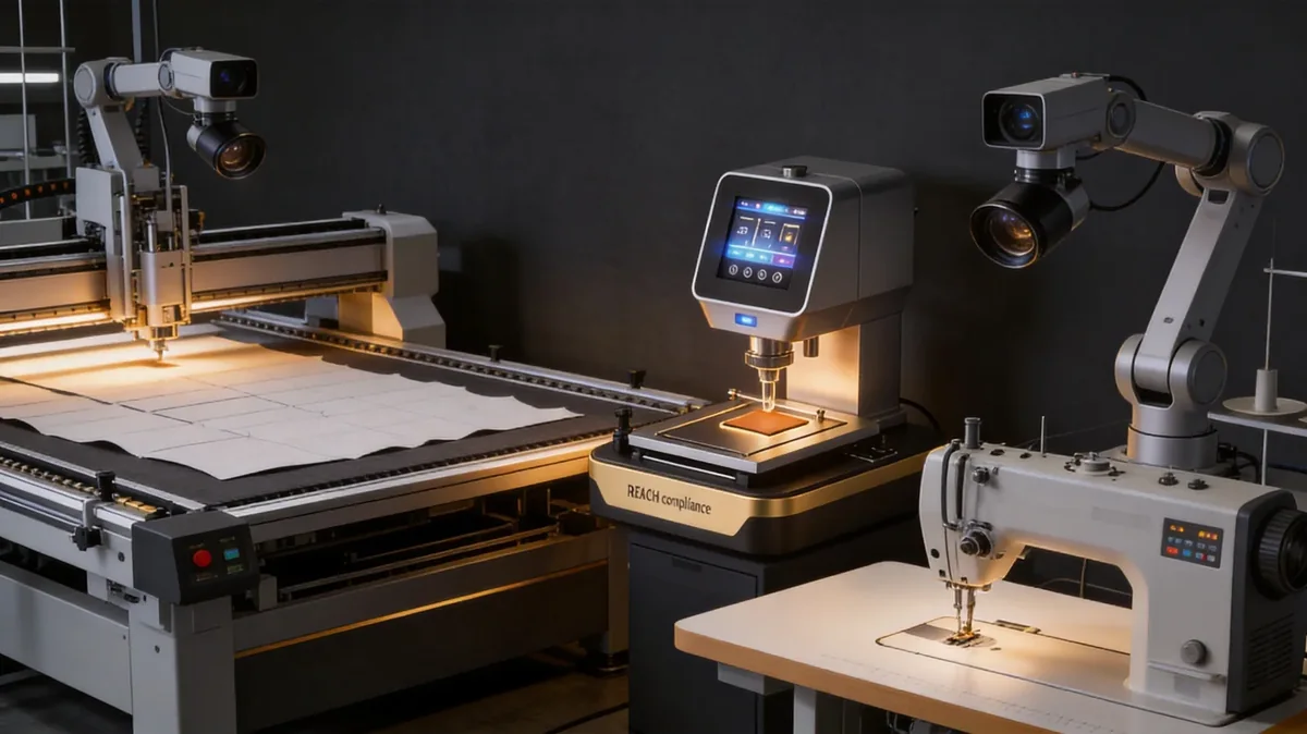 laser cutting and stitching stations working under task lights on a production floor
