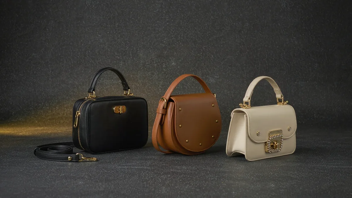 three structured handbags in black, tan and cream lined up in a row
