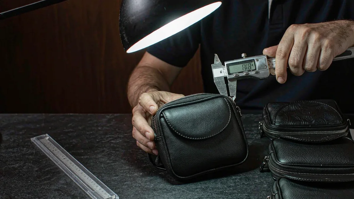 gloved hands measuring a small leather body with steel rules against a tolerance list