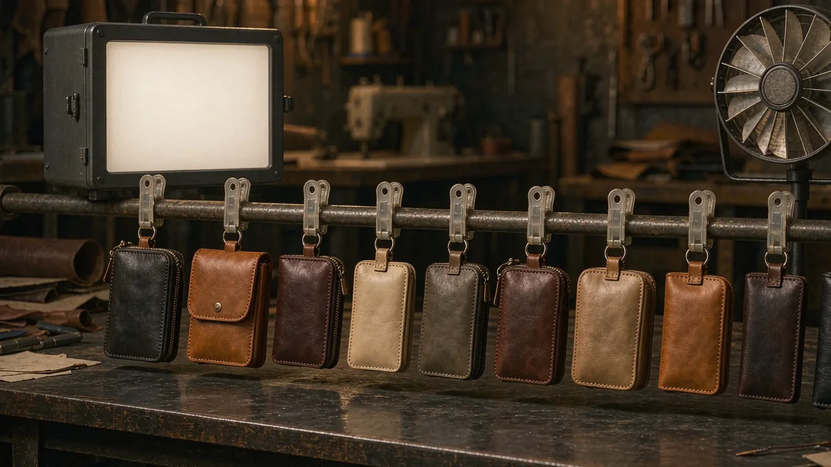nine leather colour samples hanging on a rail beneath an inspection lamp