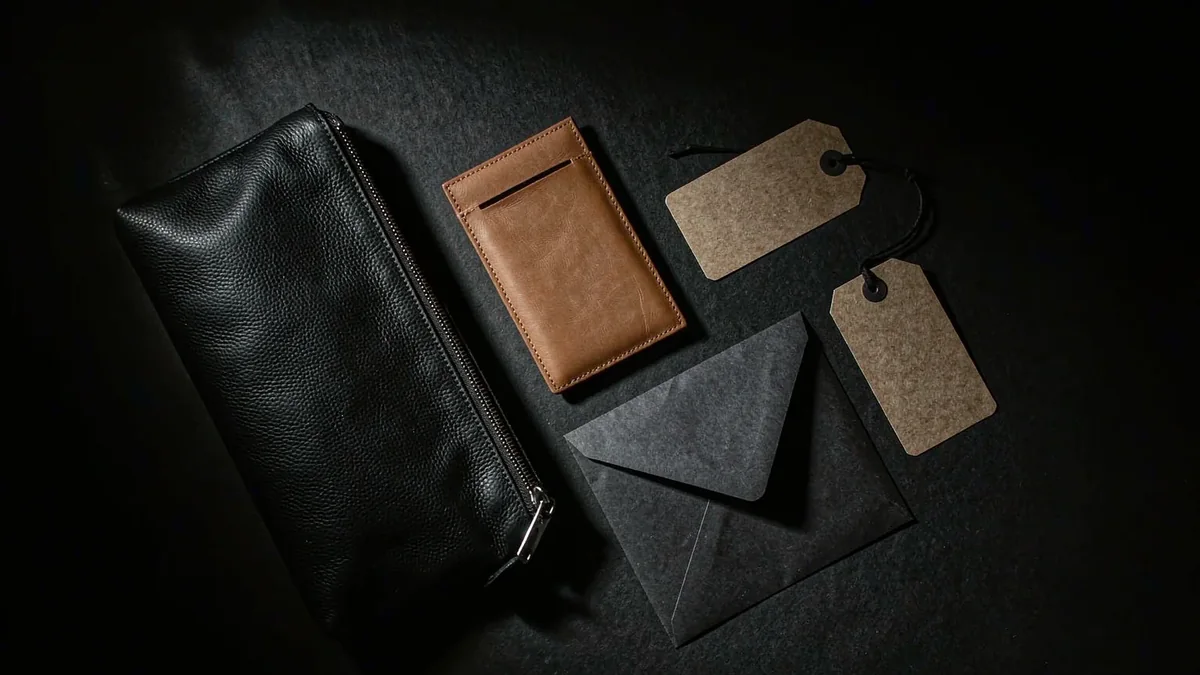 flat lay of leather goods beside blank hang tags ready for branding