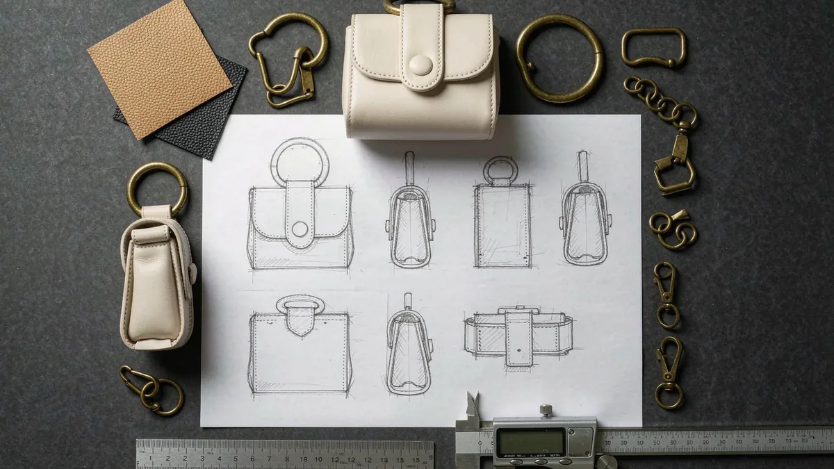 technical flat drawings laid out with hardware samples and a metal gauge on white paper