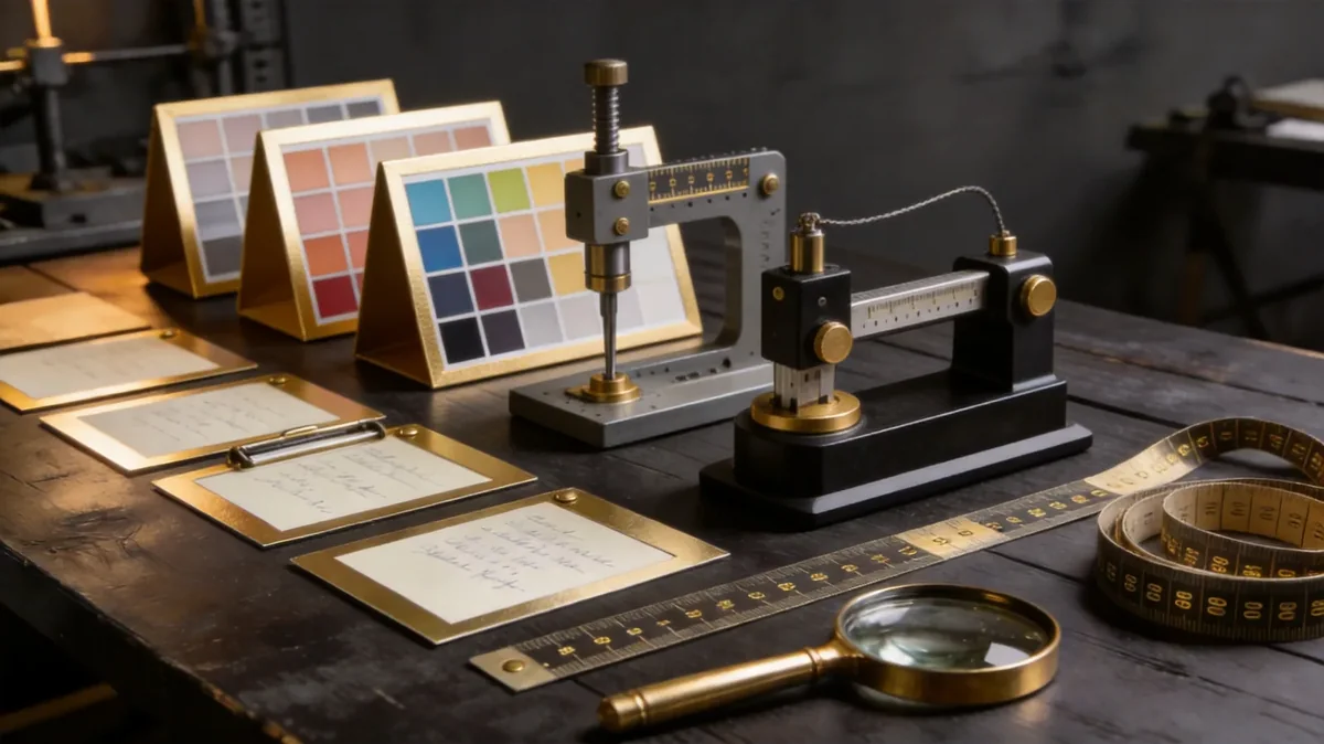 colour swatches, a light box and a magnifier laid out on a quality control bench