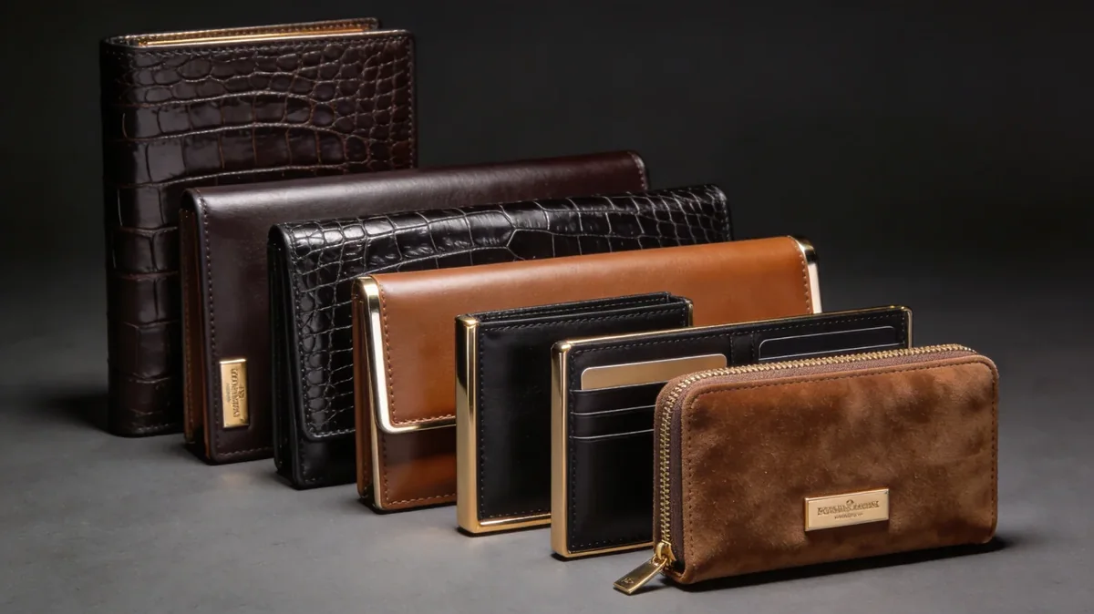 stack of small leather goods in croc-embossed leather showing the embossed scale pattern