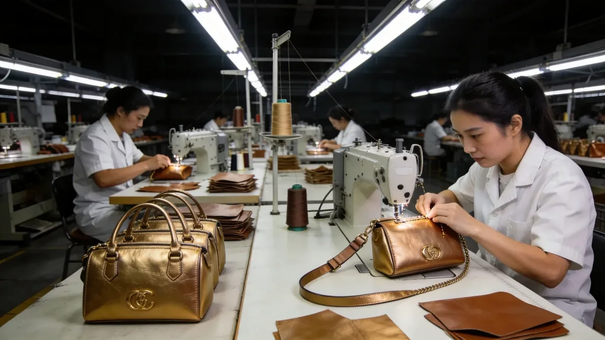 row of sewing operators working at their machines along a shared workbench