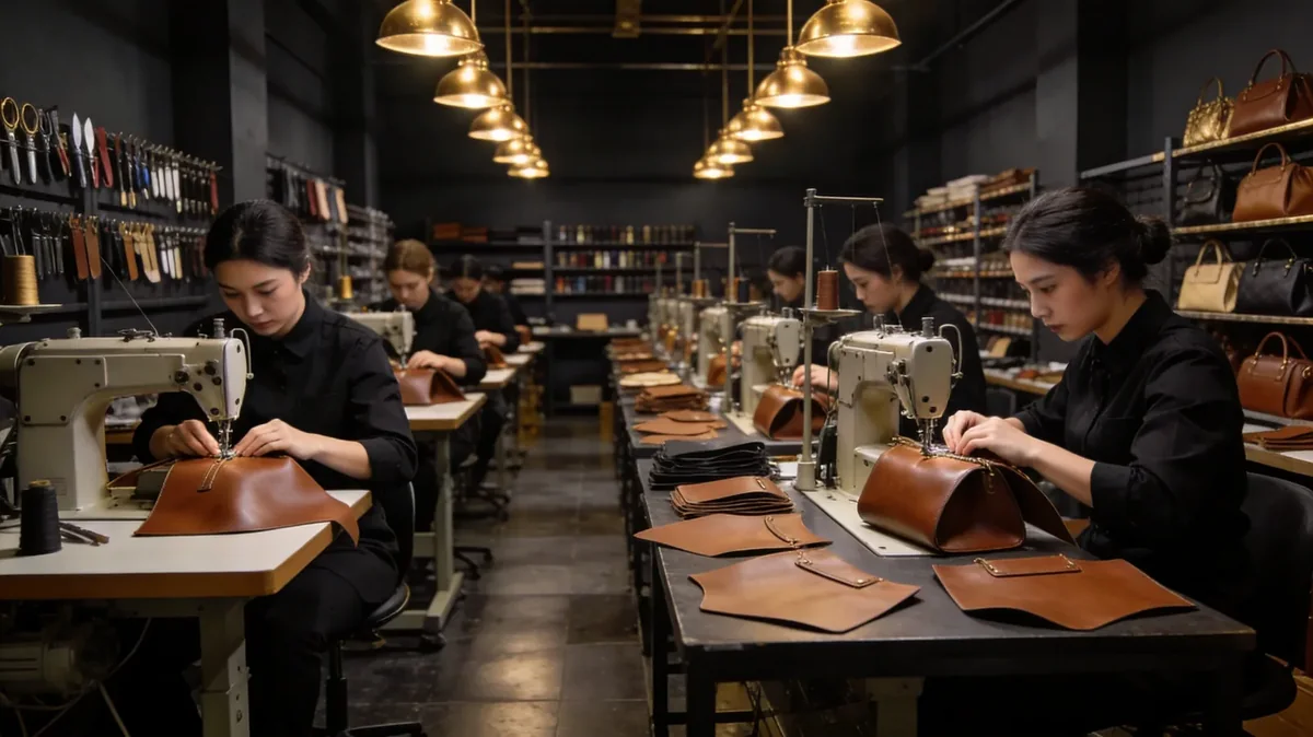 open workshop floor with rows of sewing stations and pattern boards along the back wall