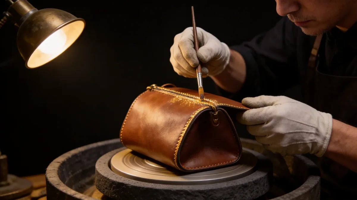 hands burnishing and shaping a small leather body on a turntable