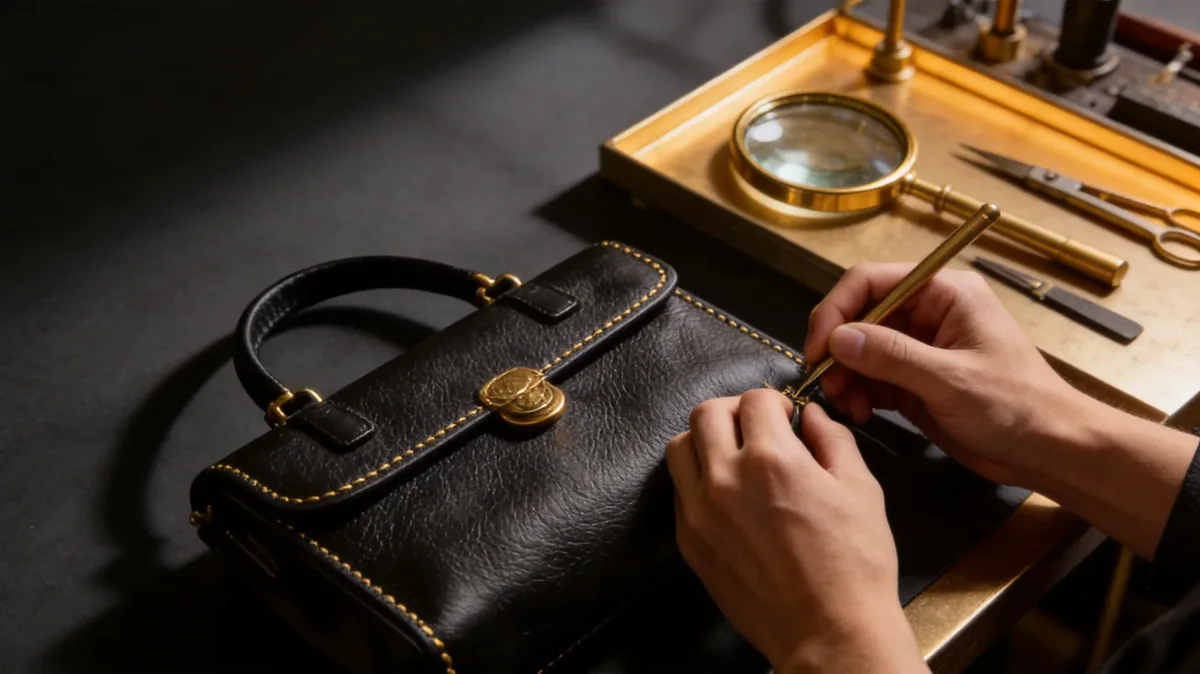 hands applying edge paint to a black leather flap with a fine brush