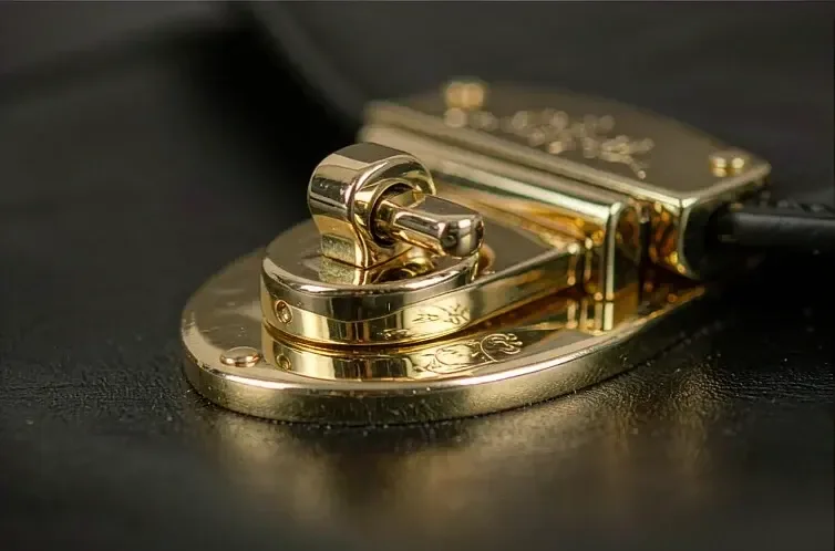 brass push-lock closure set into black leather, photographed close