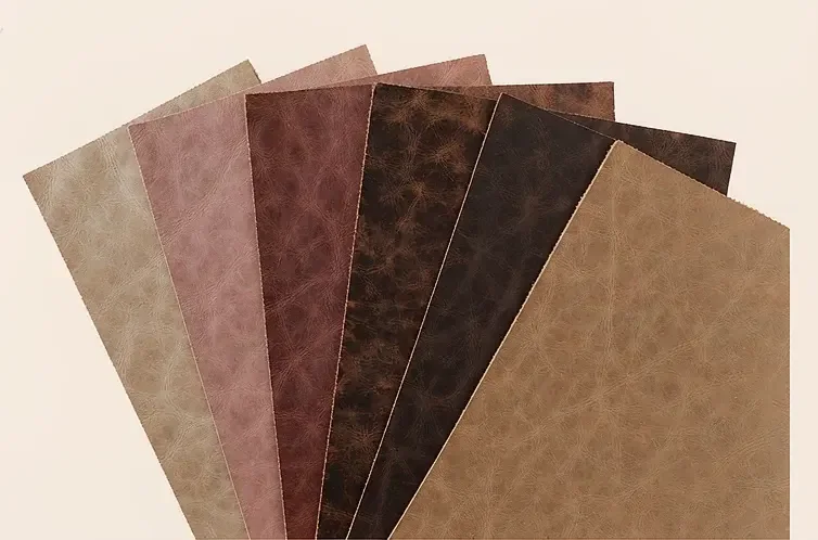 five leather swatches fanned out in warm tones