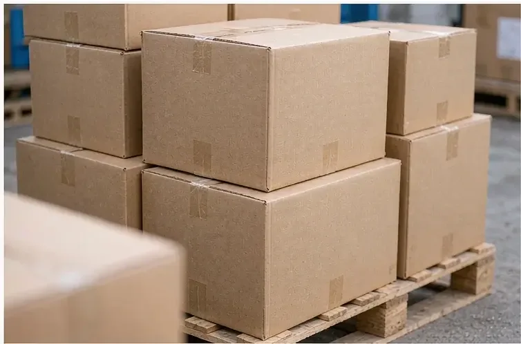 stacked plain export cartons sitting on a pallet