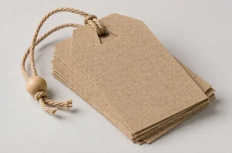 blank kraft hang tags with cord laid out flat