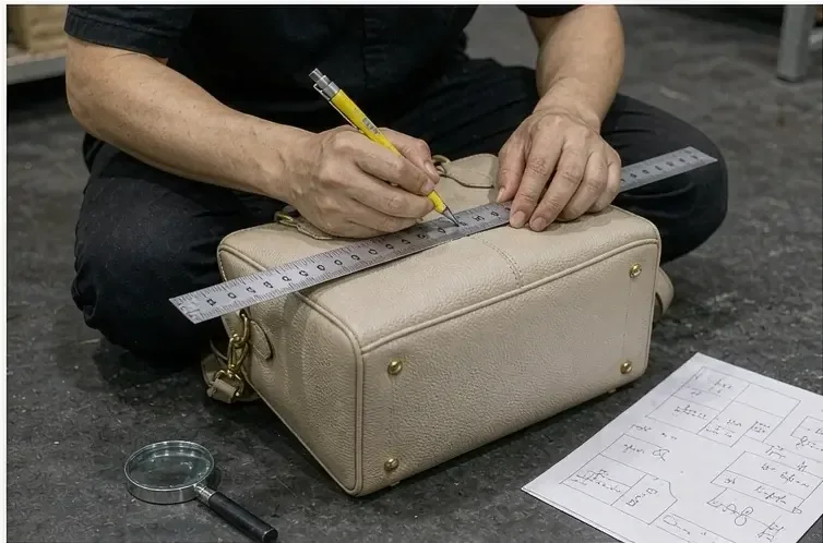 a leather body being measured with a steel rule against a printed specification sheet