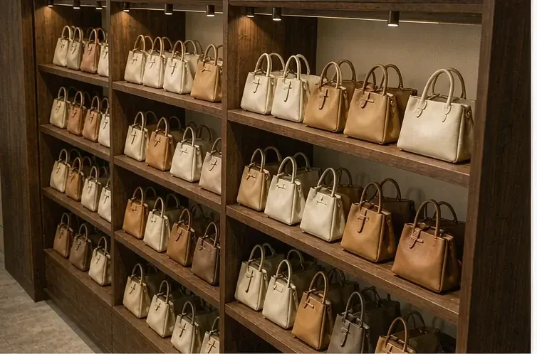 shelves of finished handbags stacked in rows inside a stockroom