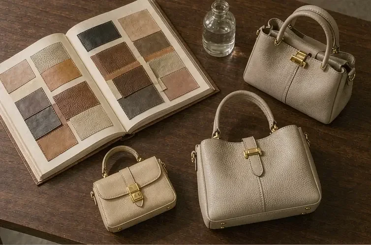swatch book resting beside three cream leather handbags on a studio surface