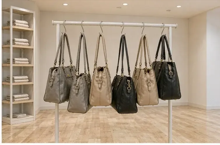 rail of finished handbags hanging in a showroom ready for review