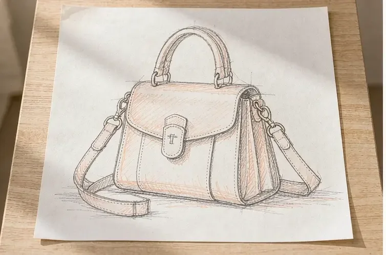 pencil technical drawing of a handbag annotated with dimensions and construction notes