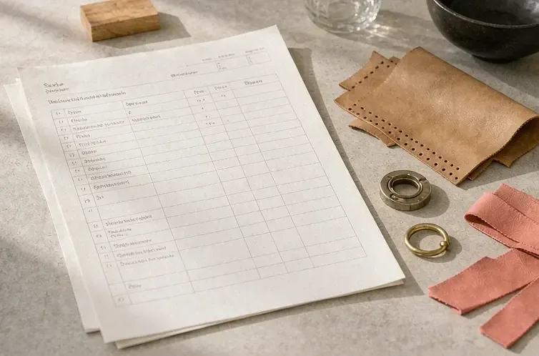 measurement log sheet with hardware and thread samples laid out on a bench