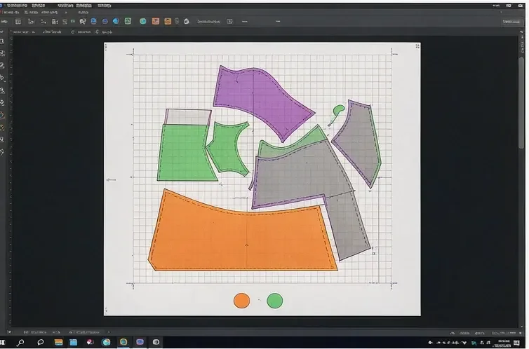 CAD nesting screen showing leather pattern pieces packed across a hide outline