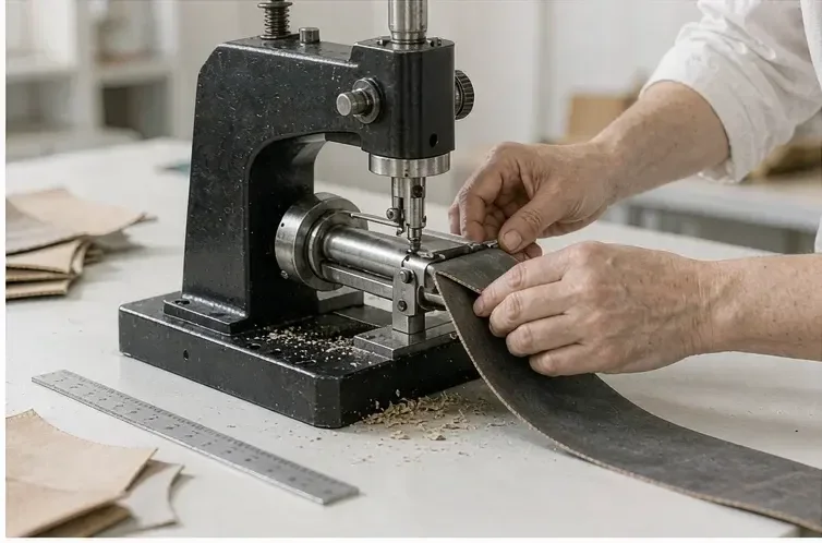 clicker press cutting a leather strap against a cutting board